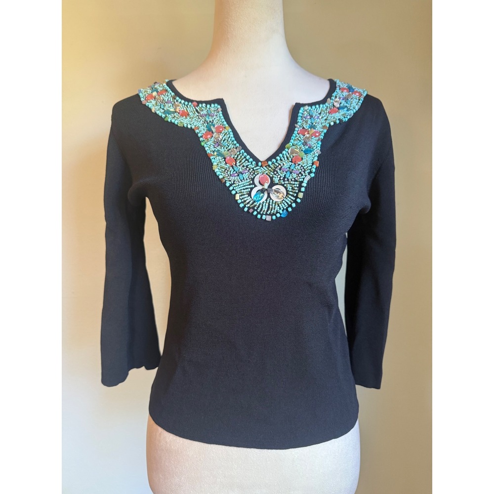 Joseph A Black Beaded Jeweled embellished Knit Top m y2k whimsi boho teal retro